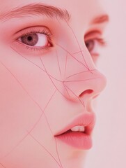 Poster - Close up view of a female face with artistic lines on skin and subtle pink background showcasing beauty in detail. Generative AI