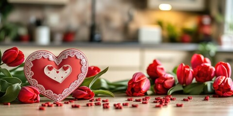 Wall Mural - A bouquet of red tulips placed in a heart-shaped box, symbolizing love and romance