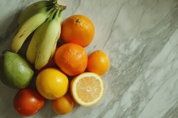 Poster - Fresh assortment of fruits including bananas, oranges, and lemons on marble countertop during daylight. Generative AI