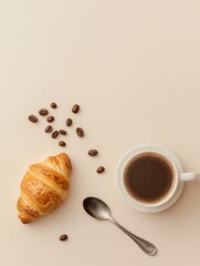 Aufkleber - Breakfast flat lay featuring croissant coffee and coffee beans on a soft surface. Generative AI