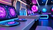© Patchayanit  - Neon Lit Cybercafe with Holographic Interfaces Modern Technology and Sleek Geometric Design