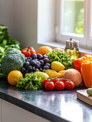 Aufkleber - Fresh fruits and vegetables displayed on a kitchen countertop with natural light filtering through a window. Generative AI