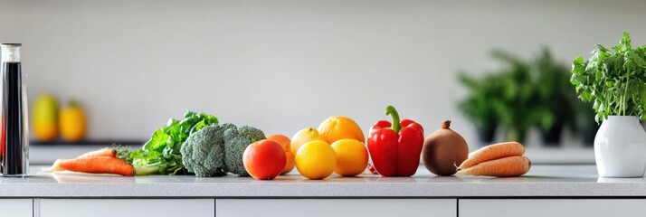 Aufkleber - Fresh vegetables and fruits arranged on a kitchen countertop for a healthy cooking preparation. Generative AI