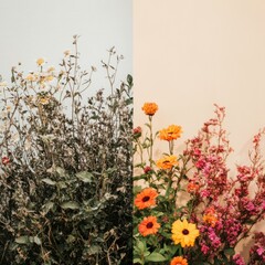 Aufkleber - Contrast of Withered and Vibrant Flowers Captured in Different Settings. Generative AI