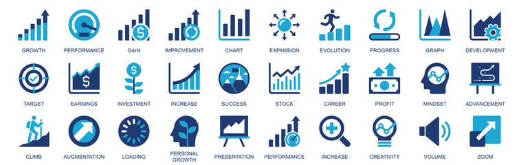 Poster - Growth icon set in flat duotone solid icons web design. Pack pictograms with performance, gain, improvement, expansion, evolution, progress, graph, earning, investment, other. Illustration.