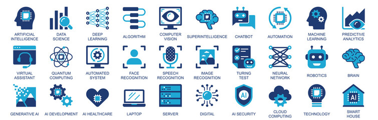Leinwandbilder - Artificial intelligence icon set in flat duotone solid icons web design. Pack pictograms with data science, deep learning, algorithm, computer, vision, automation, brain, other. Illustration.