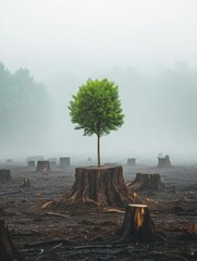 Poster - Lonely tree stands tall amidst a landscape of cut stumps on a foggy day in a deforested area. Generative AI
