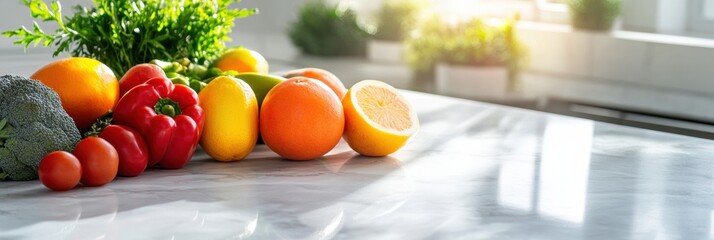 Poster - Fresh fruits and vegetables arranged on a marble countertop in a bright kitchen with natural light streaming in. Generative AI