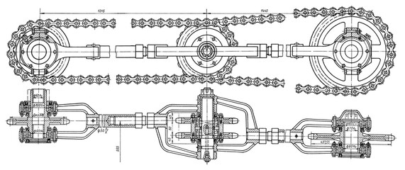 Wall Mural - chain drive of excavator rotor. bulldozer. tracked (crawler) earthmoving machine. technical drawing 