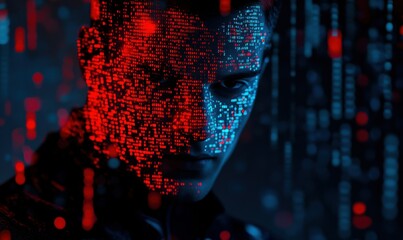 Abstract depiction of a hacker in a dark room, glowing red and blue code reflecting on his face, intense cyber environment, futuristic concept