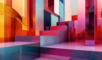 A three-dimensional render of a multicolored abstract geometric composition.