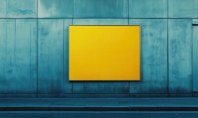 Blank yellow billboard placed on a grey urban wall, sharp color contrast, clean minimal design, ready for creative advertisement concept, outdoor street scene