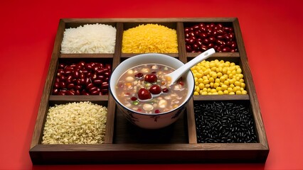 Wall Mural - Festive grain bowl, red background, diverse grains, culinary tradition