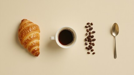 Aufkleber - Delightful breakfast with croissant, black coffee, coffee beans, and spoon on a smooth surface. Generative AI