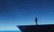 © Valentyna - Enigmatic silhouette of a person standing at the edge of a futuristic platform under a glowing blue sky filled with stars