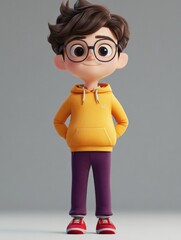 Aufkleber - Boy with glasses and brown hair wearing a yellow hoodie stands confidently in a stylized cartoon environment. Generative AI