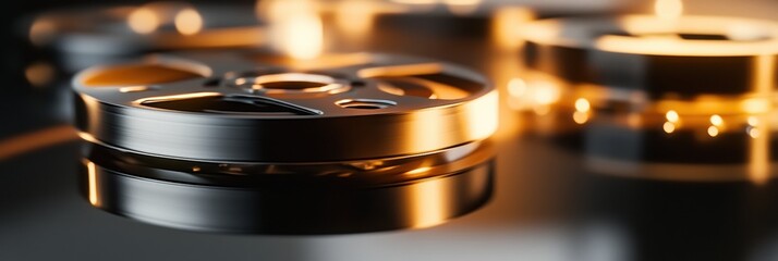 Poster - Close up of vintage film reels and tape showcasing cinematic history with empty space for additional text. Generative AI