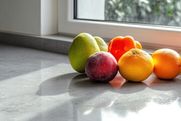 Poster - Fresh fruits and vegetables arranged on a kitchen counter near a window in bright morning light. Generative AI