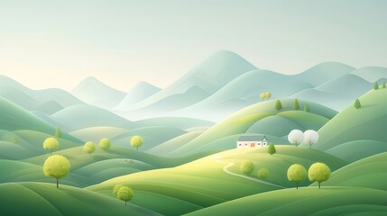 Wall Mural - Peaceful Rural Landscape Farmhouse, Hills, Spring