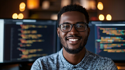 portrait of smiling black male software engineer with computer code on screens in home office