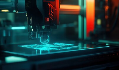 Close-up of a 3D printer in action, glowing blue light highlighting the intricate design being printed, advanced technology