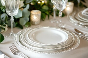 Poster - Elegant table setting with fine china and soft lighting for a special celebration dinner. Generative AI