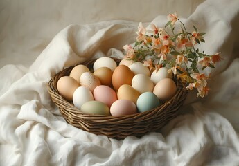 a wicker basket overflowing with freshly gathered eggs. The eggs are of various colors and sizes, nestled together like a vibrant collection of treasures. Delicate blossoms grace the scene.