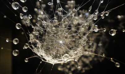 The spiderweb, embellished with dewdrops, reveals a complex design and natural elegance.