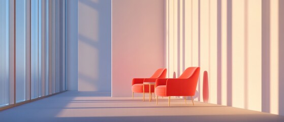 Wall Mural - Waiting Area with Red Chairs and Sunlight