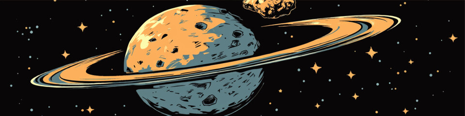 Wall Mural - retro vector image of saturn-like planet with rings and asteroid in starry night sky - vibrant color