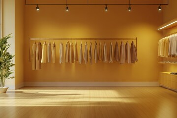 Poster - Fashion display showcasing a variety of neutral clothing styles in a warm toned boutique setting during daylight hours. Generative AI
