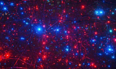 Intricate web of glowing wires in neon hues of red and blue, symbolizing connectivity and high-tech networks.
