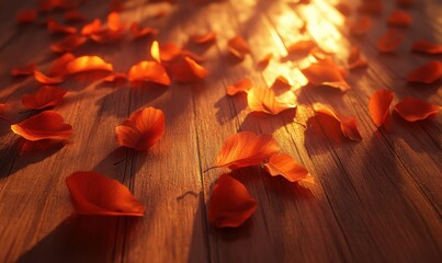 Wall Mural - vibrant orange autumn leaves illuminated by golden sunlight, scattered across a textured wooden surf