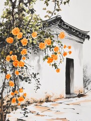 Wall Mural - Orange roses climb old Asian house wall