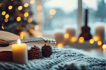 Poster - Cozy winter evening with guitar, candles, and festive decorations in a warm living room setting. Generative AI