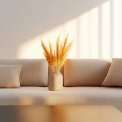 Wall Mural - beige living room interior with sofa and vase of wheat