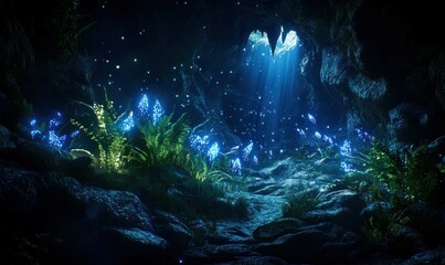 Wall Mural - diver exploring a glowing underwater cavern filled with bioluminescent plants, faint light filtering
