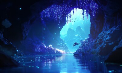Wall Mural - diver exploring a glowing underwater cave illuminated by faint bioluminescent plants, soft reflectio