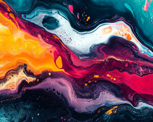 Leinwandbilder - Abstract digital artwork showcasing vibrant flowing colors in shades of red, yellow, and blue, representing energy, creativity, and the dynamic flow of artistic expression.