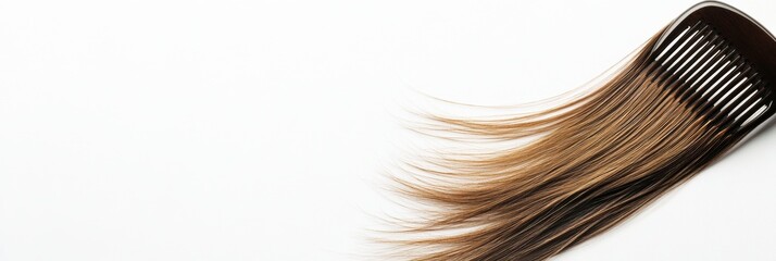 Poster - Close up of a comb with strands of hair on a clean white background suitable for beauty or hair care themes. Generative AI