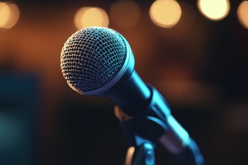 Fototapete - Close up of a microphone ready for a live performance in a dimly lit venue during the evening. Generative AI