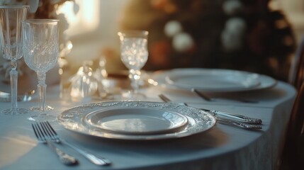 Poster - Elegant dining table set with fine china and crystal glassware, beautifully illuminated by warm sunlight. Generative AI