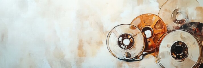 Aufkleber - Vintage film reels and tape close up with ample space for creative text and nostalgic designs in a classic style. Generative AI