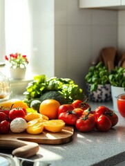 Poster - Fresh vegetables and fruits arranged on the kitchen counter during morning sunlight in a cozy home setting. Generative AI