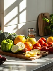 Fototapete - Fresh vegetables and fruits arranged on a kitchen countertop with natural light illuminating the setup in the late afternoon. Generative AI