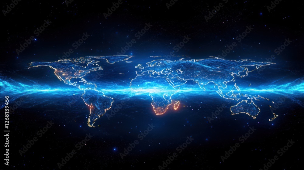 Digital holographic world map, glowing blue neon lines Stock ...