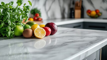 Fototapete - Fresh fruits and vegetables arranged on a marble kitchen countertop ready for meal preparation. Generative AI