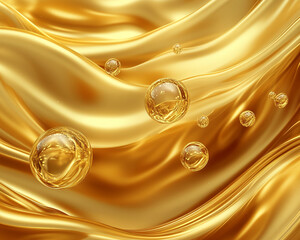 Leinwandbilder - Golden fluid with floating bubbles in motion, showcasing smooth texture and elegance. Represents purity, beauty, and luxury, with a focus on golden tones and fluid movement.