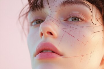 Leinwandbilder - Close up of a persons face with artistic lines drawn across the skin in a soft pastel background. Generative AI
