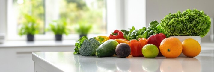Poster - Fresh vegetables and fruits arranged on a kitchen countertop by a window in bright daylight for healthy meal preparation. Generative AI